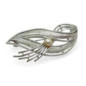 Vintage CORO Signed Brooch Ribbon with A Faux Pearl Shiny Silver-Tone Abstract